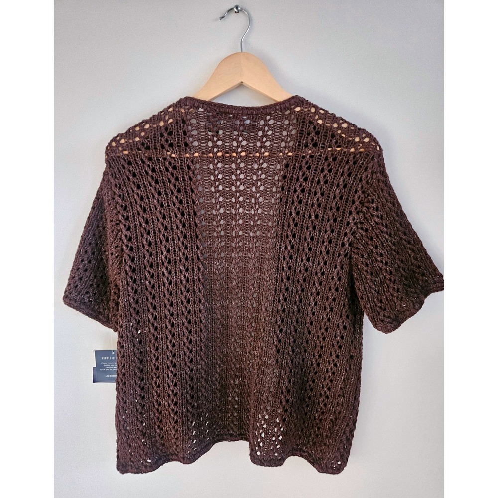 Liz Claiborne Cardigan Women XL Brown NEW Open Knit Crochet Short Sleeve Sweater - Picture 2 of 6